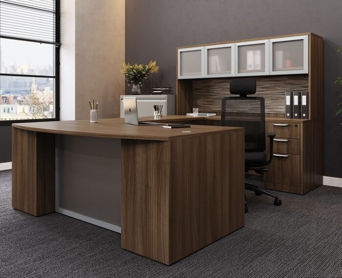 New Bowfront U-Shape Desk w/ Hutch and Glass Doors