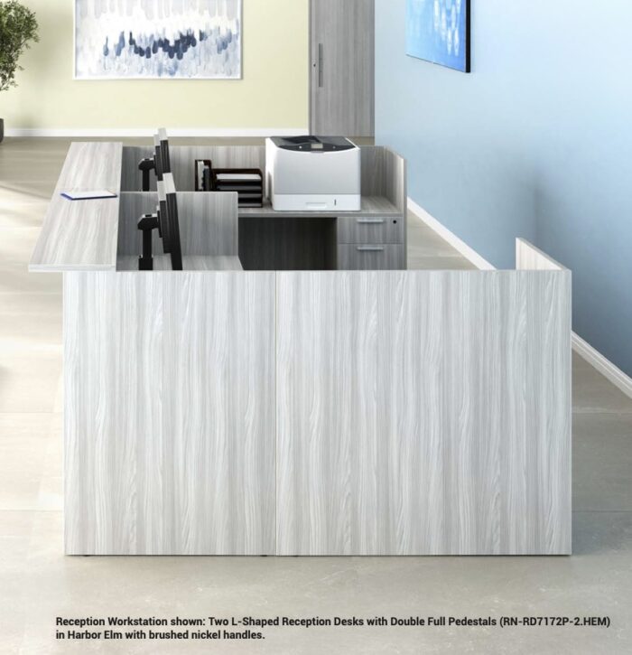 Reception Workstation shown: Two L-Shaped Reception Desks with Double Full Pedestals (RN-RD7172P-2.HEM) in Harbor Elm with brushed nickel handles.
