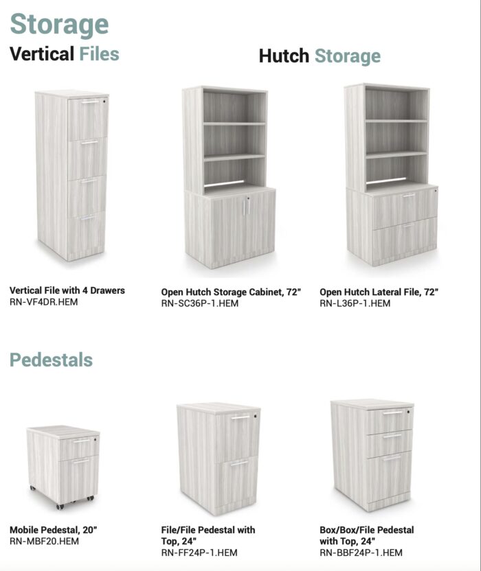 Reception Workstation shown: Two L-Shaped Reception Desks with Double Full Pedestals (RN-RD7172P-2.HEM) in Harbor Elm with brushed nickel handles. - Image 3