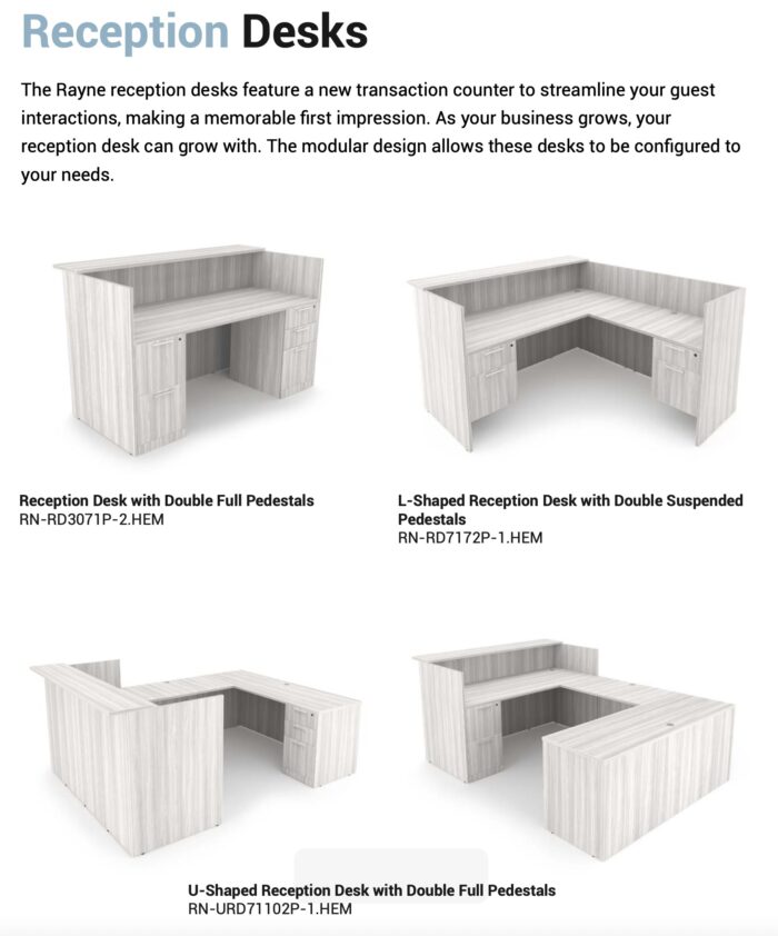 Reception Workstation shown: Two L-Shaped Reception Desks with Double Full Pedestals (RN-RD7172P-2.HEM) in Harbor Elm with brushed nickel handles. - Image 2